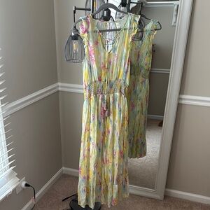Anthropologie Yellow and Green Pleated Maxi Sundress